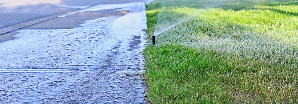 sprinkler head watering sidewalk