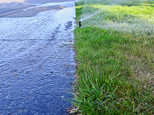 sprinkler head watering sidewalk