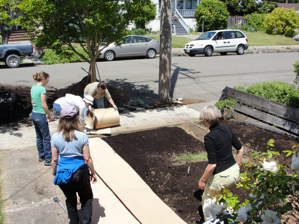 People laying down cardboard for sheet mulching