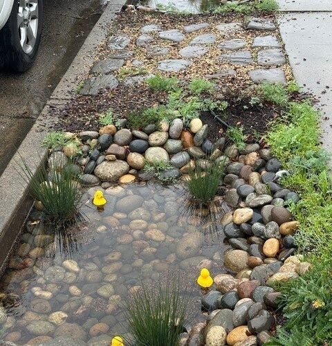 A pond lined with rocks on the curb of a street is filled with water and two rubber ducks