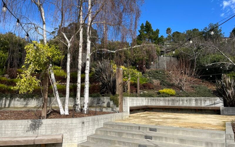 Concrete steps lead to a pavilion with a plant border of variegated colors