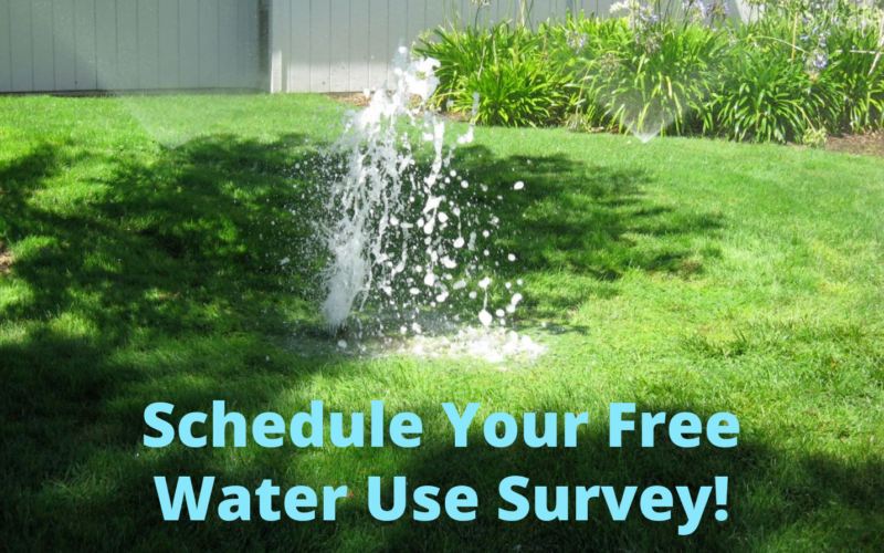 Photo of lawn with a broken sprinkler, text reads 'Schedule your free water use survey!'