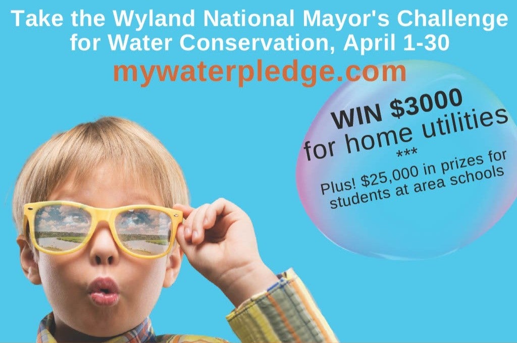 A child with yellow glasses reflecting a river scene, looking at the text 'Take the Wyland National Mayor's Challenge for Water Conservation, April 1-30 mywaterpledge.com WIN $3,000 for home utilities. Plus! $25,000 in prizes for students at area schools