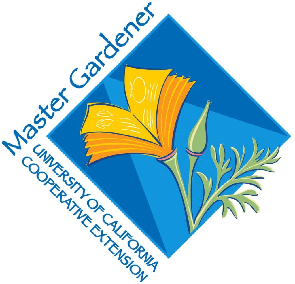 Master Gardener University of California Cooperative Extension logo of an artistic golden poppy that also looks like a book set against a blue background