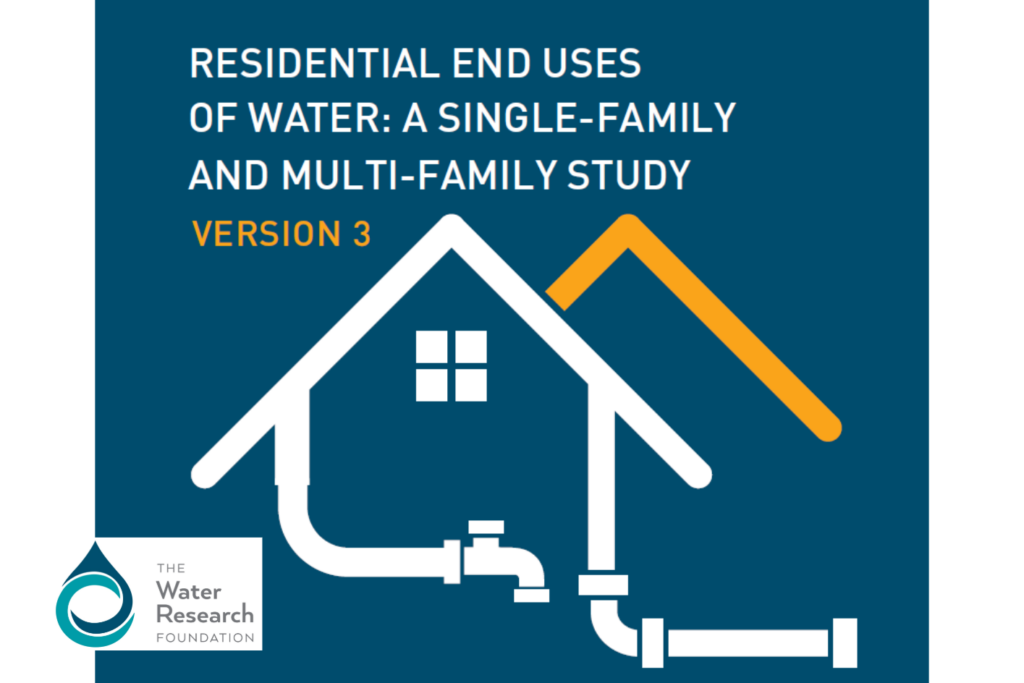 White and yellow icons of homes and water pipes. White and yellow text against a blue background reads "Residential End Uses of water: a single-family and multi-family study Version 3" and logo for The Water Research Foundation