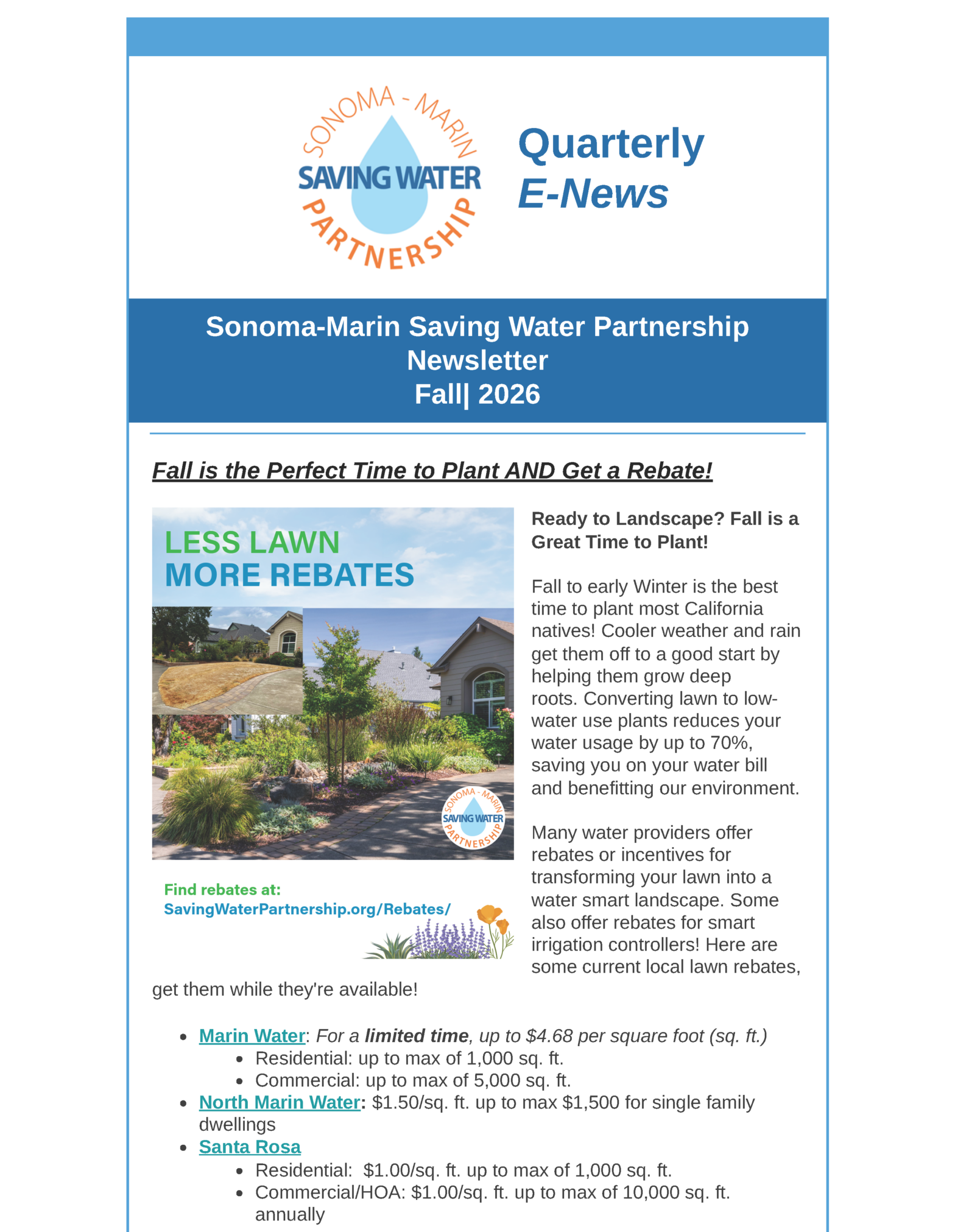 Front page of Sonoma-Marin Saving Water Partnership Fall E-News 2026